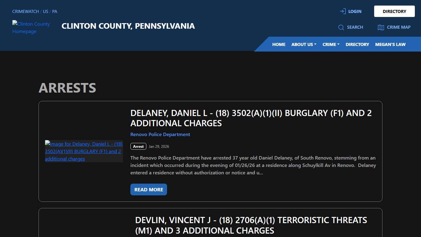 Arrests for Clinton County, Pennsylvania CRIMEWATCH